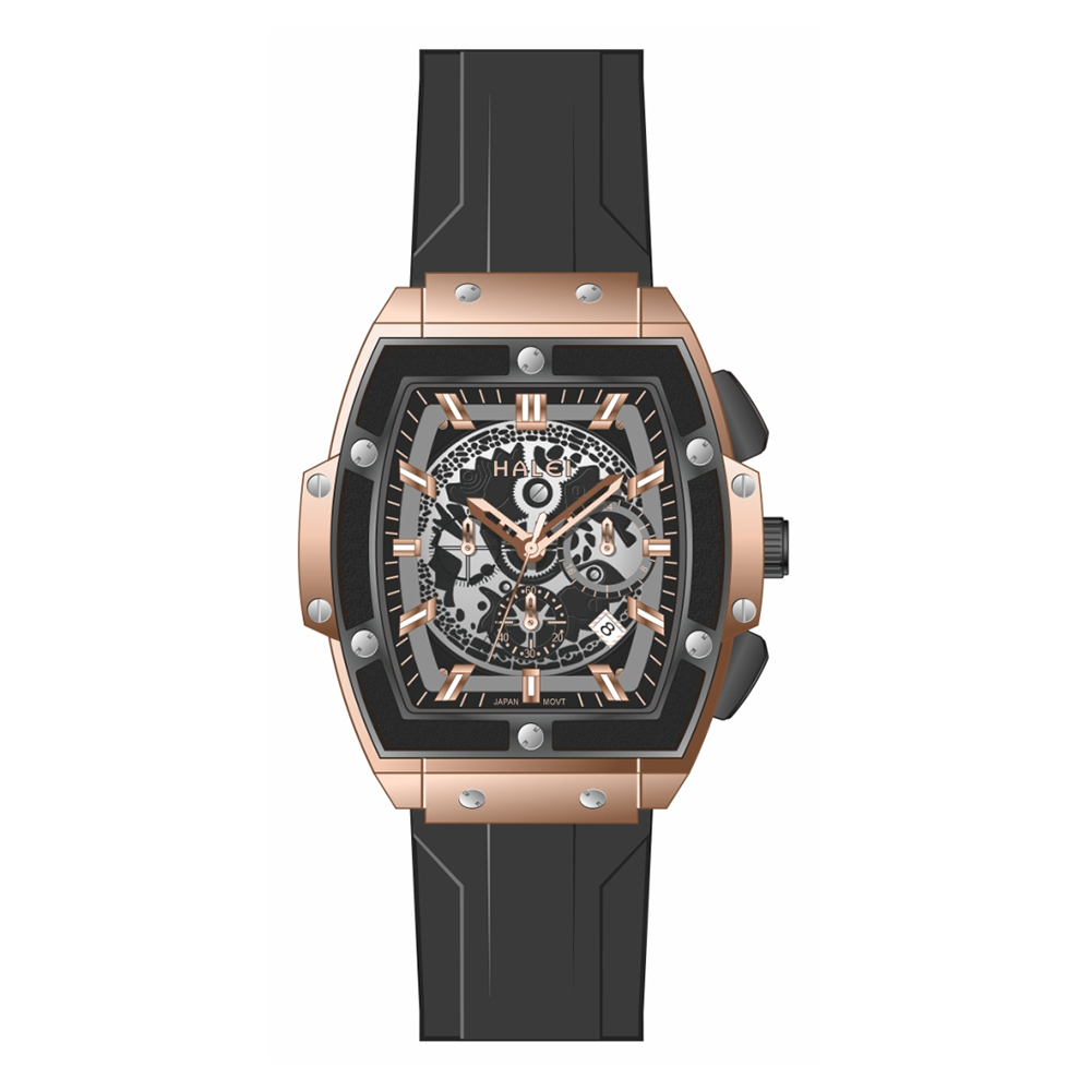 【HALEI 哈雷】9005M 酒桶款 三眼 計時 日期顯示 矽膠錶帶 石英 手錶