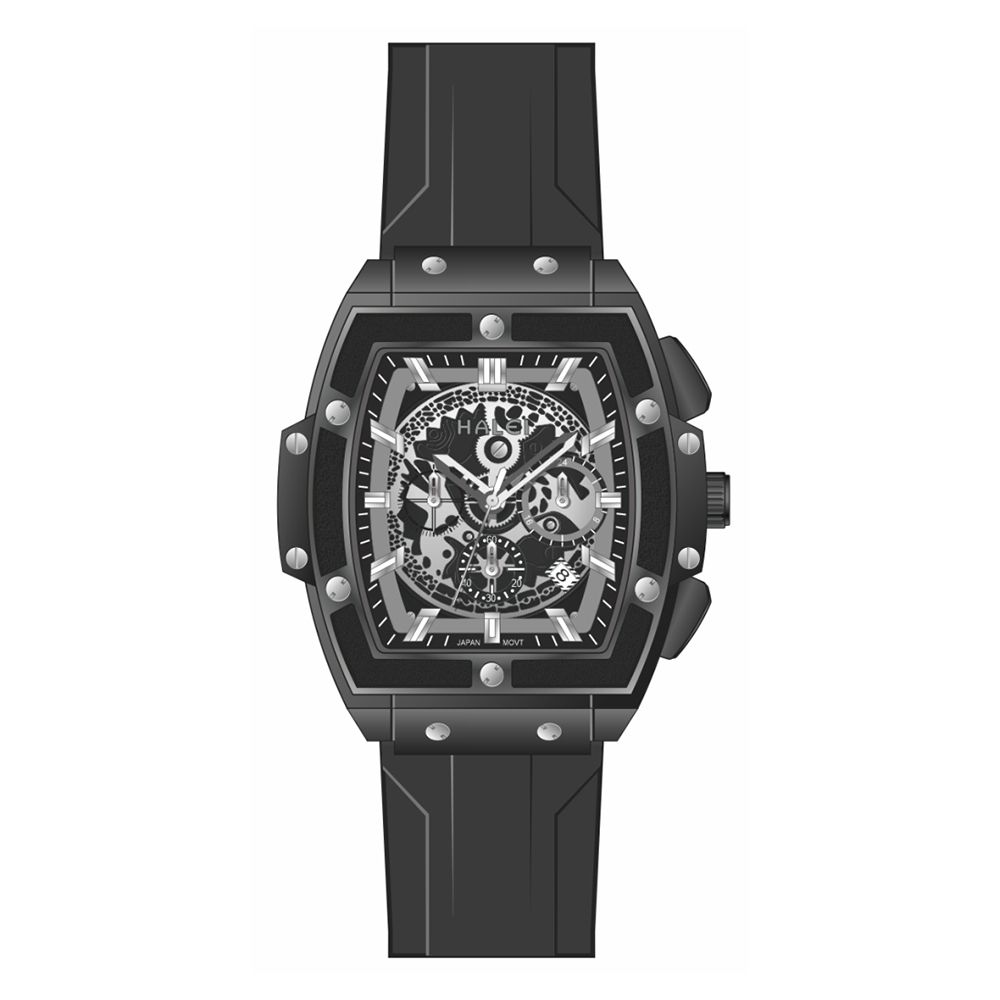 【HALEI 哈雷】9005M 酒桶款 三眼 計時 日期顯示 矽膠錶帶 石英 手錶