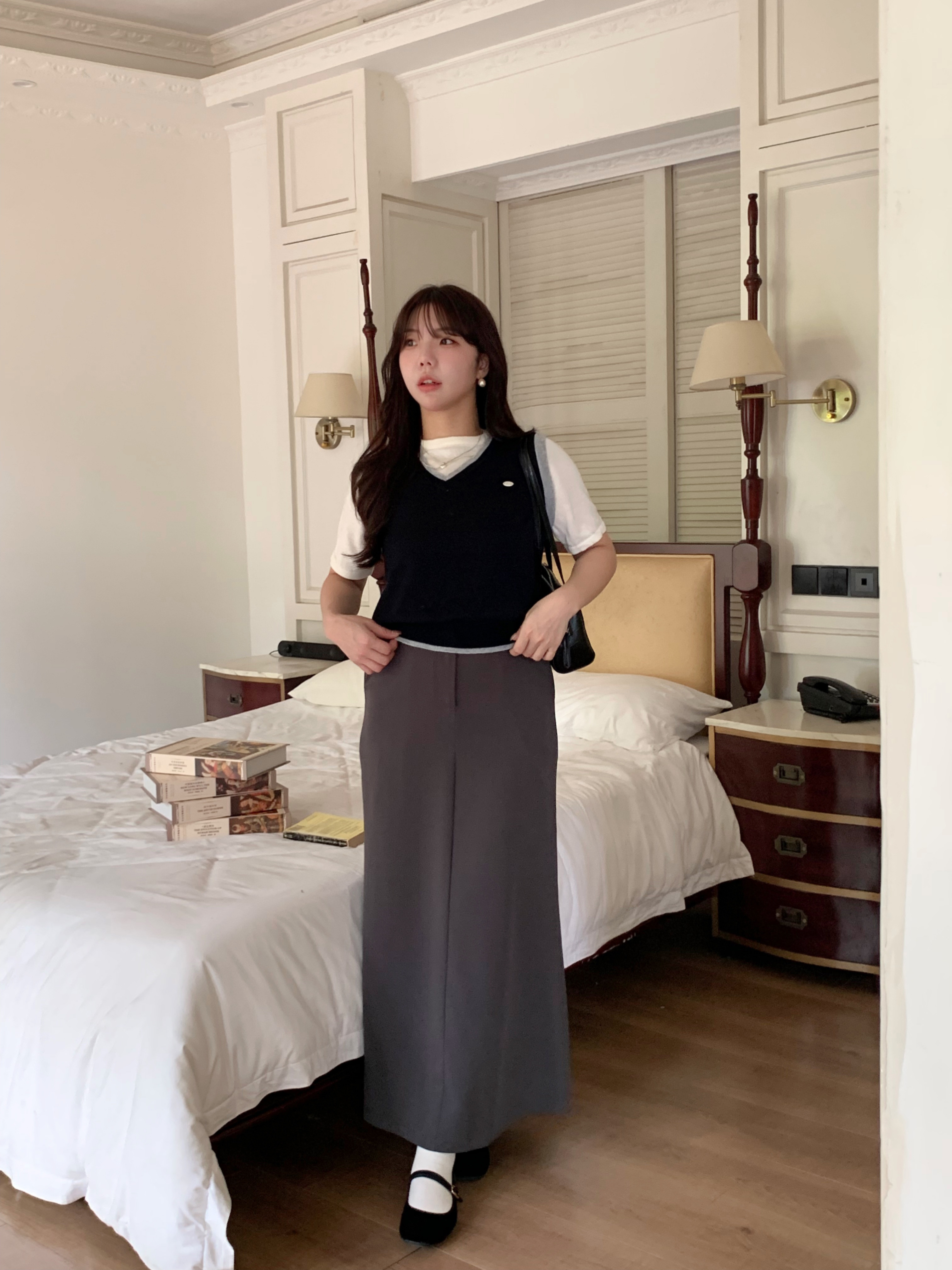 後鬆緊後開衩西裝長裙 3色