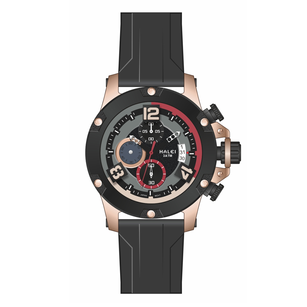 【HALEI 哈雷】9008M 潮流 三眼 計時 日期顯示 矽膠錶帶 石英 手錶