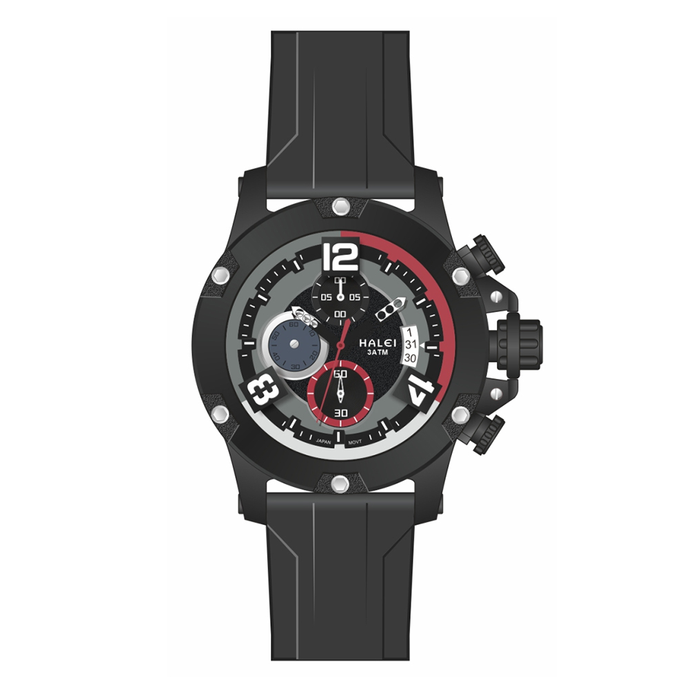 【HALEI 哈雷】9008M 潮流 三眼 計時 日期顯示 矽膠錶帶 石英 手錶