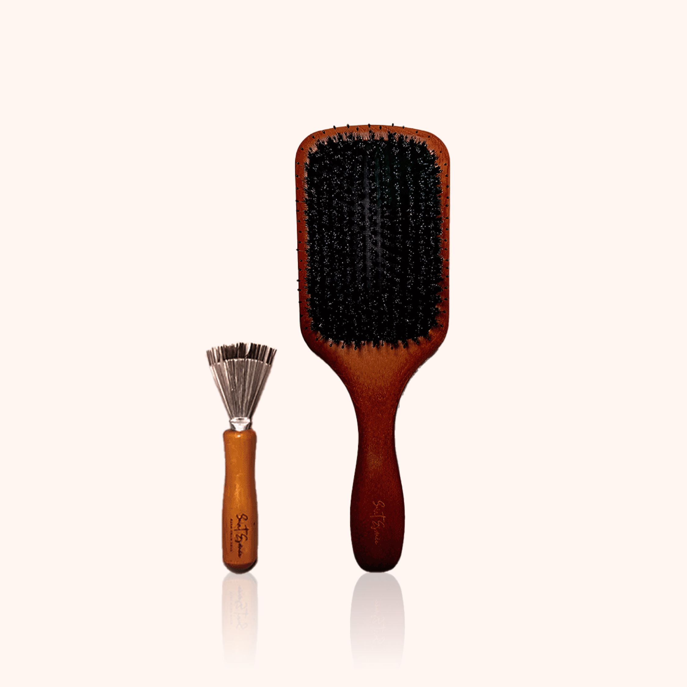 黑胡桃木豬鬃毛家用大梳（連梳用具清潔器）