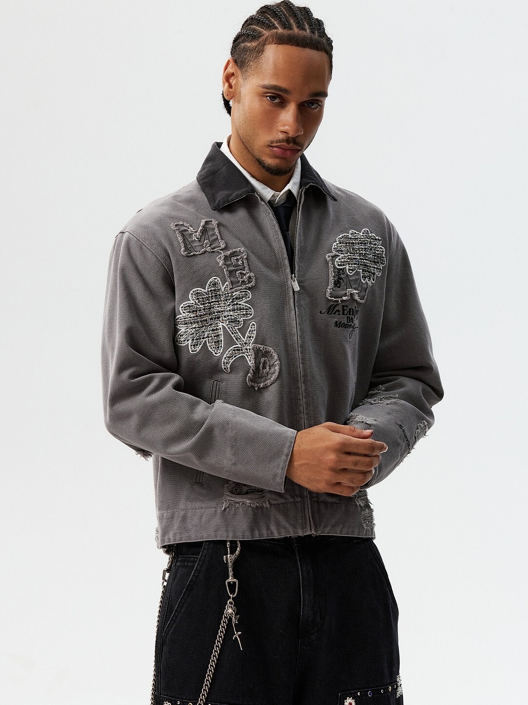 MEDM 花朵圖案貼布 刷破做舊 翻領夾克 外套