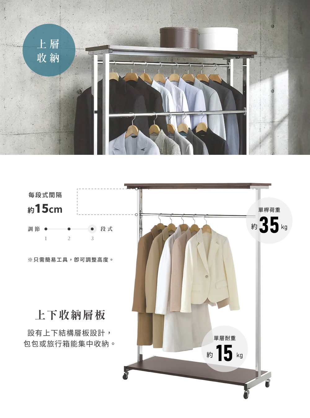 Space Saver Series移動式落地雙桿掛衣架(寬120cm) 白色