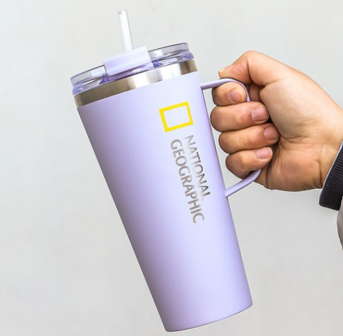 韓版 National Geographic 雙層不鏽鋼 保溫保冷吸管杯（945ml｜紫色）
