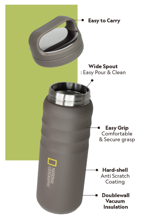 韓版 National Geographic 雙層不鏽鋼隨行保溫杯（Air Touch｜540ml 亞凡灰）