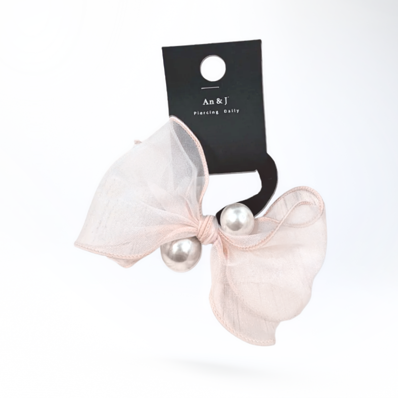 韓國直送髮飾 滾邊網紗蝴蝶結中雙珍珠髮圈