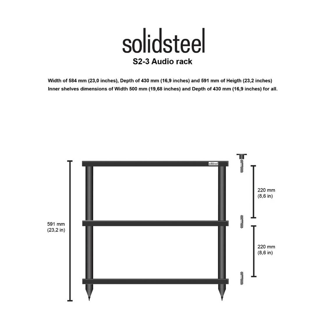 【Solidsteel】S2-3 音響架 三層 黑色 義大利製 架皇  公司貨 層架 置物架