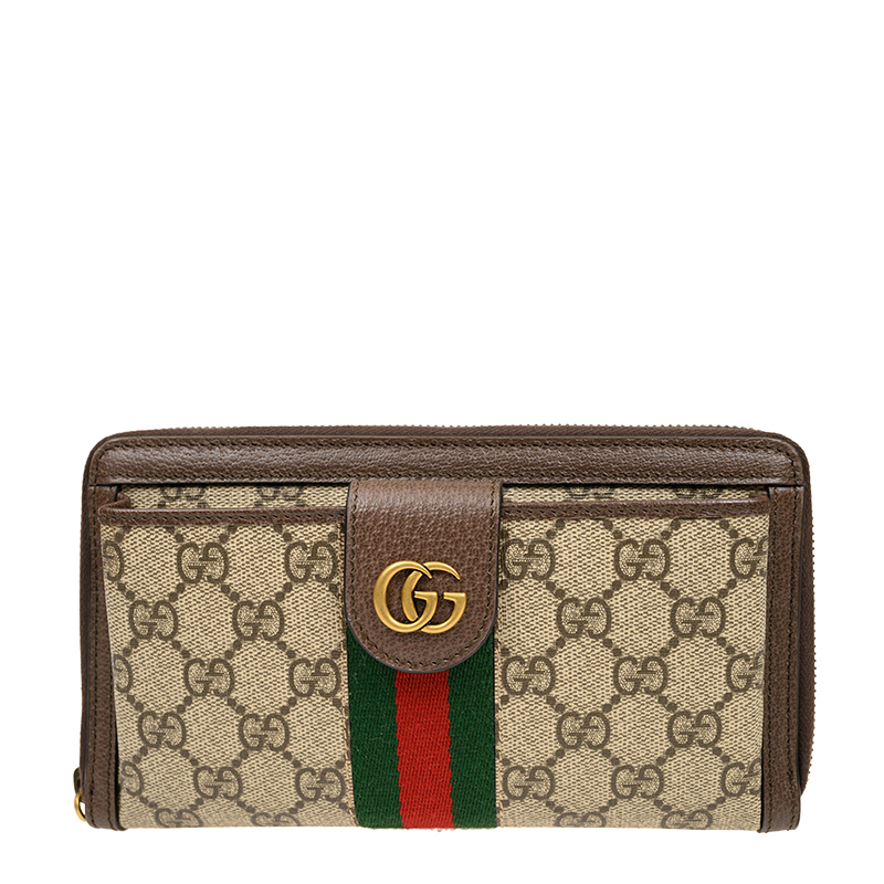 [E] GUCCI BROWN MONOGRAM STRIPE WRIST STRAP WALLET, 76024896IWT-8745 (EGC192)