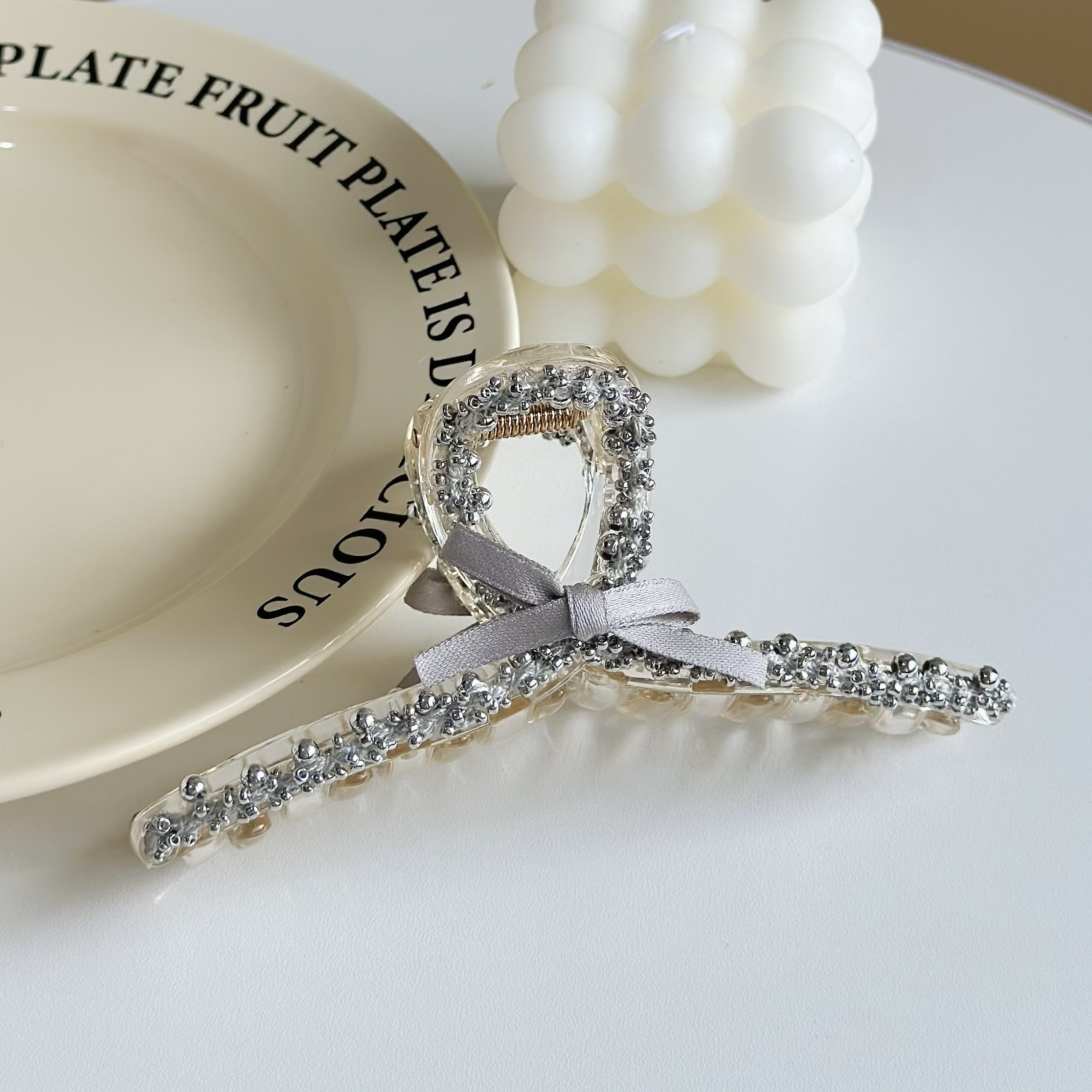 Z404毛線銀珠蝴蝶結鯊魚夾