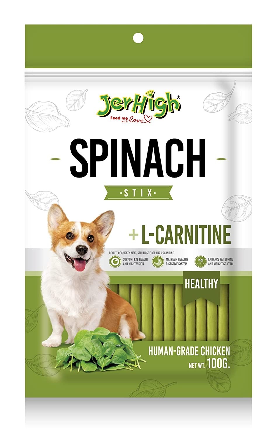 JerHigh小食 Spinach Stick 菠菜雞肉條 100g犬食