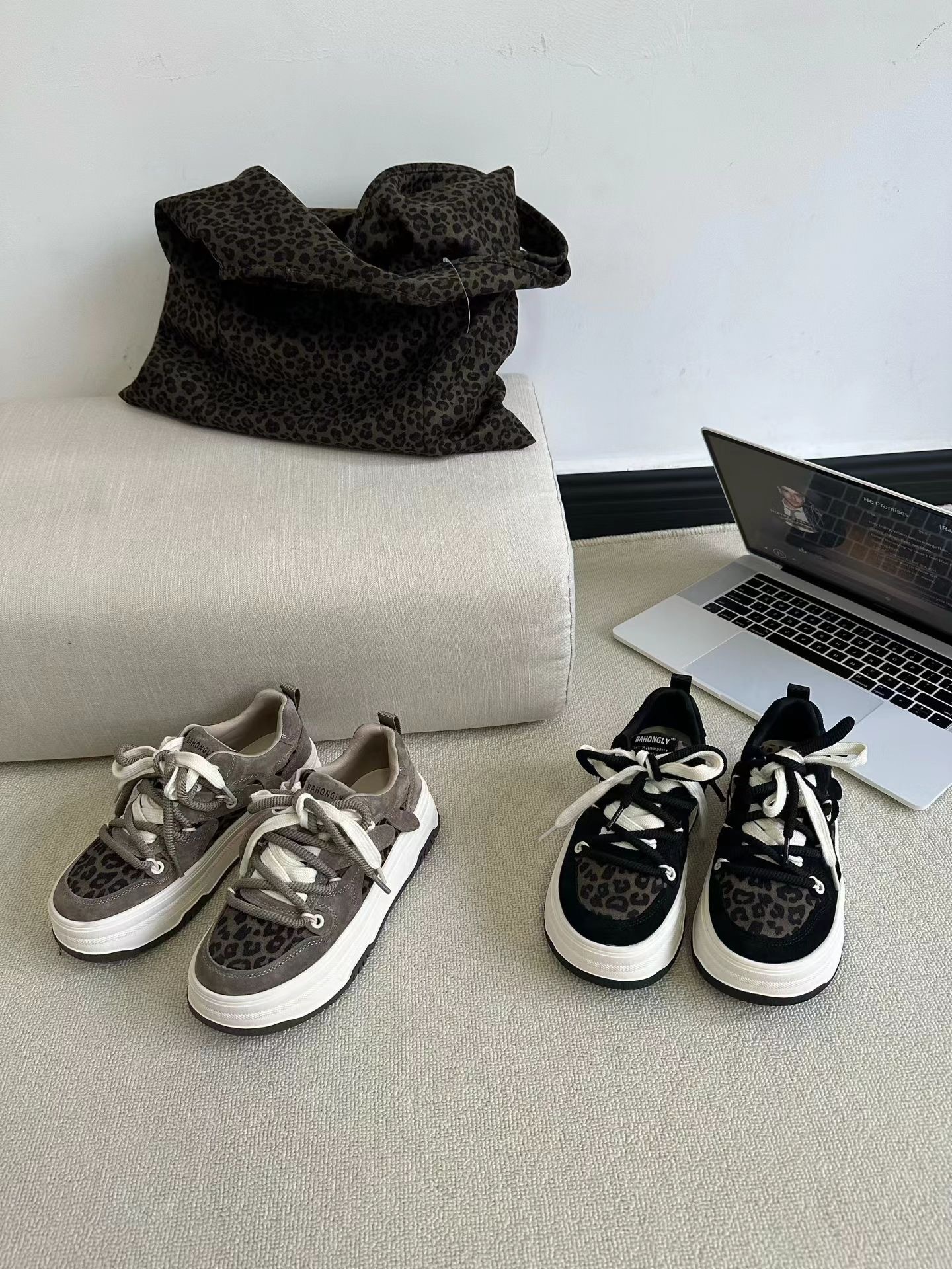 豹紋混搭真皮厚底休閒鞋