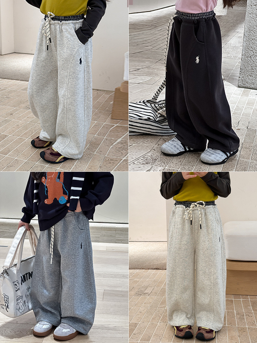 時髦直筒刺繡綁帶運動褲