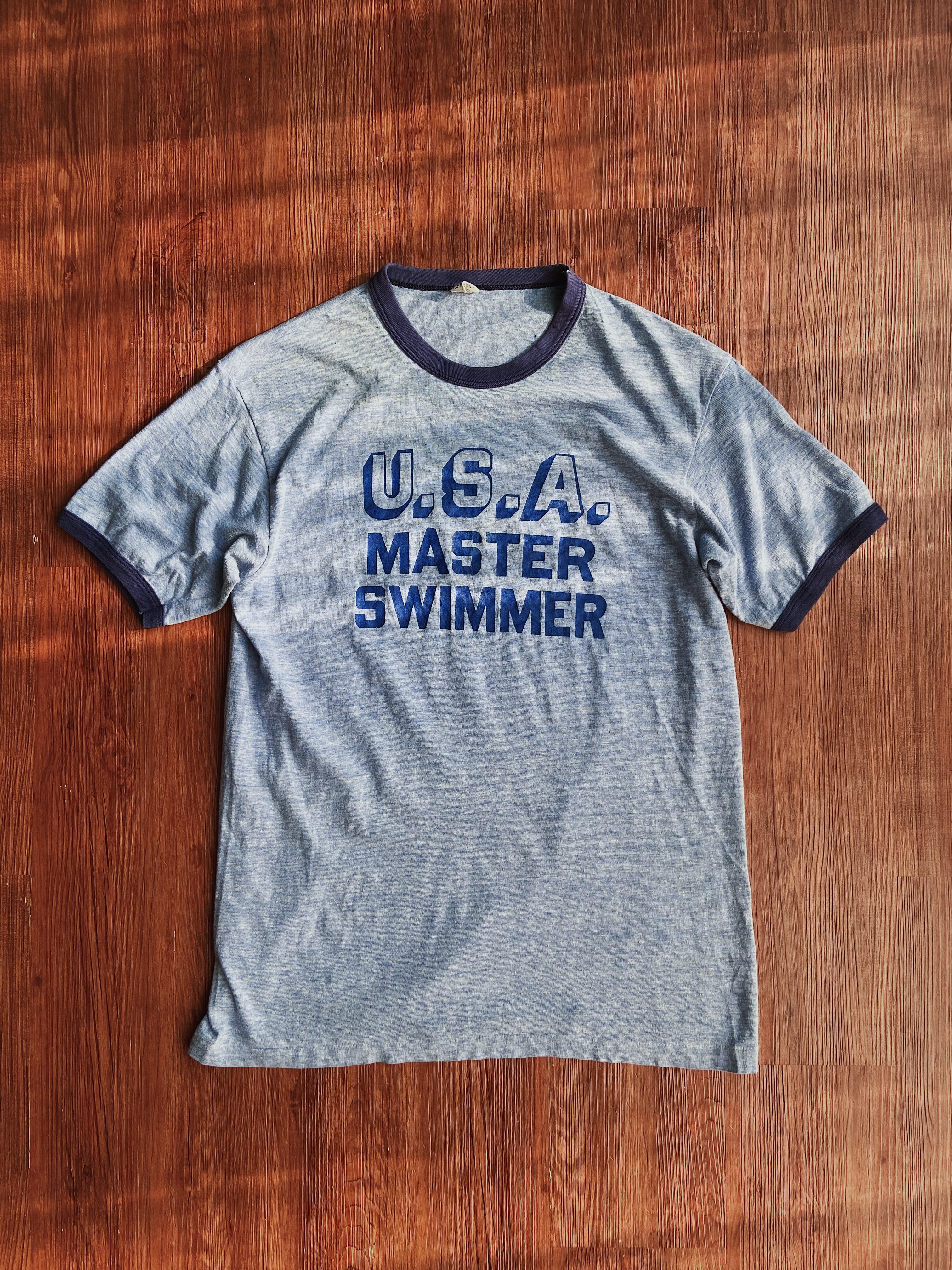 80s Hanes Ringer Tee “USA MASTER SWIMMER”/ 美國 漢斯 游泳大師 雙面圖騰滾邊短踢