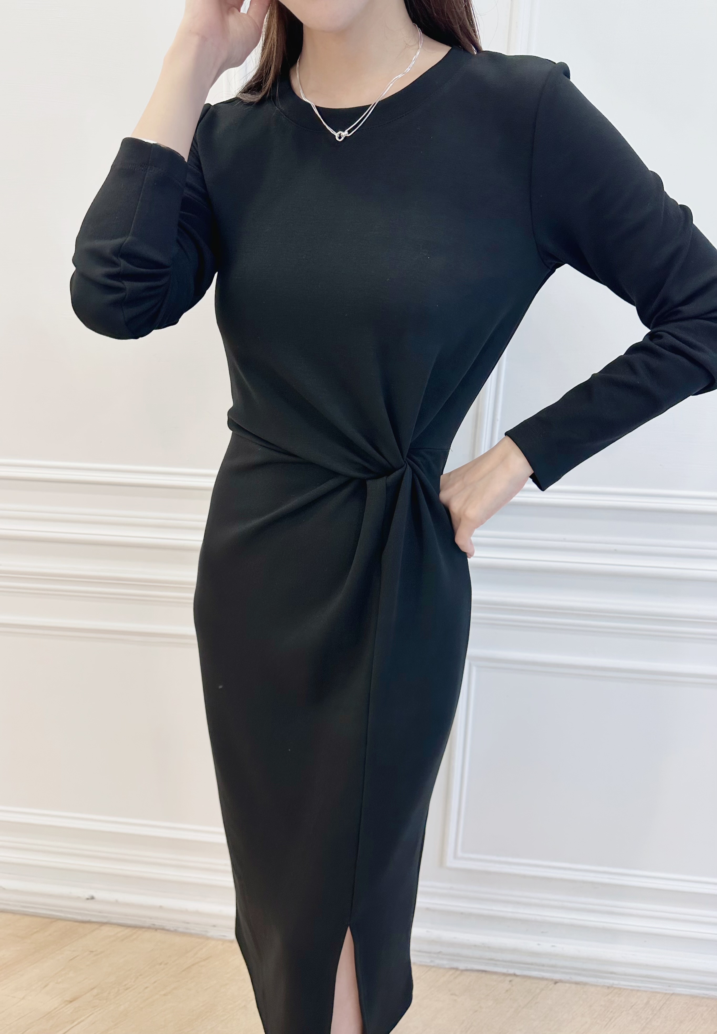 棉料側抓皺開衩洋