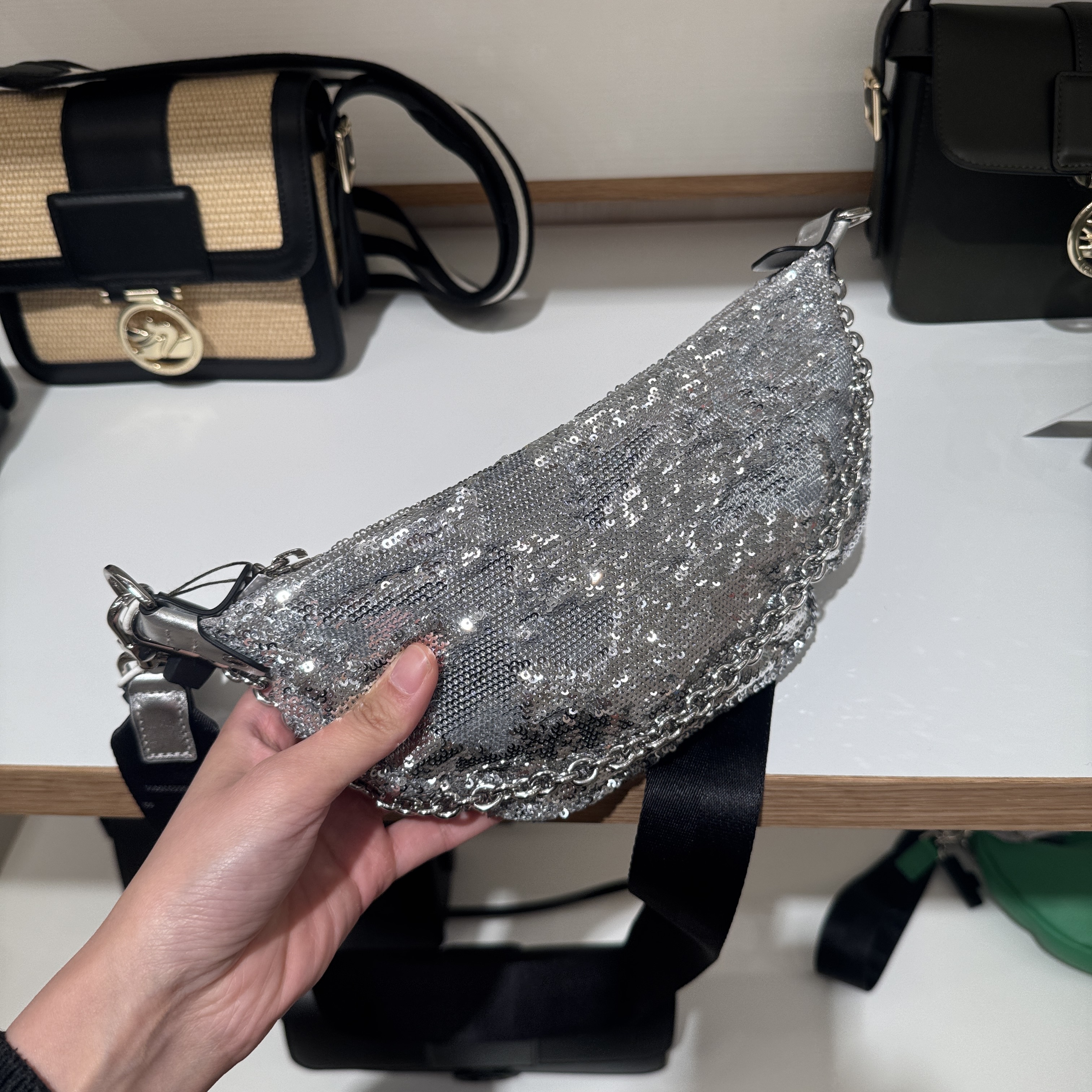 Longchamp sequin belt bag silver 10224