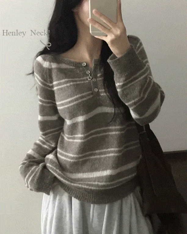 早秋預訂｜亨利領條紋雙色寬鬆羊毛針織衫