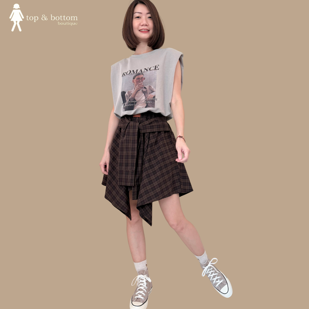 PRINTED TEE & CHECKED SKIRT SET SUIT