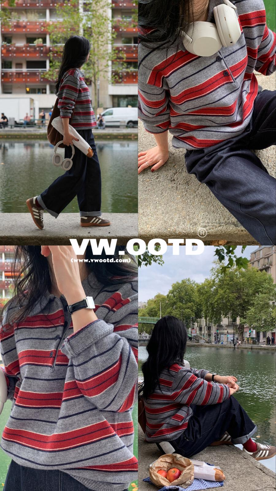 拼色針織Polo橫間上衣(灰色)