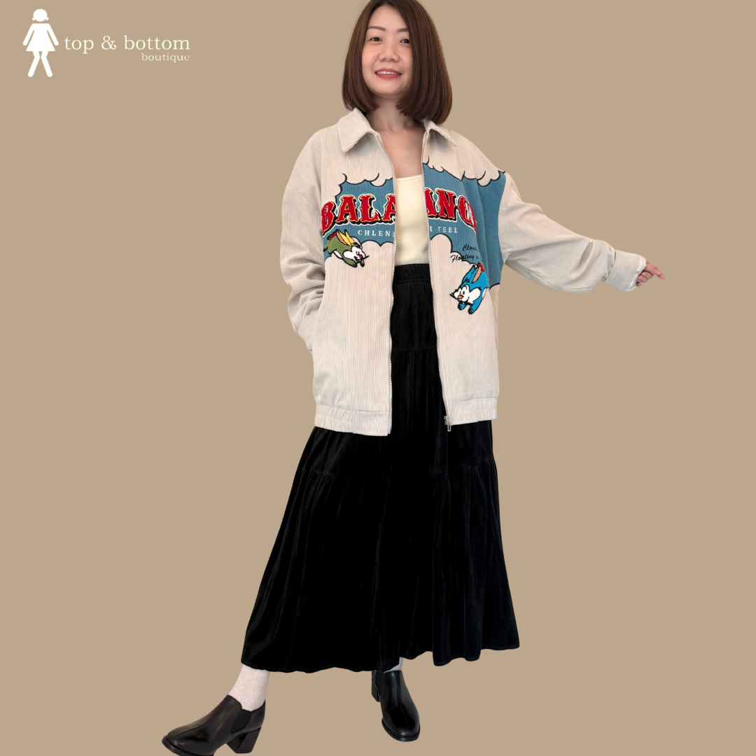 COLLARED CORDUROY OVERSIZE JACKET WITH FURRY EMBROIDERY