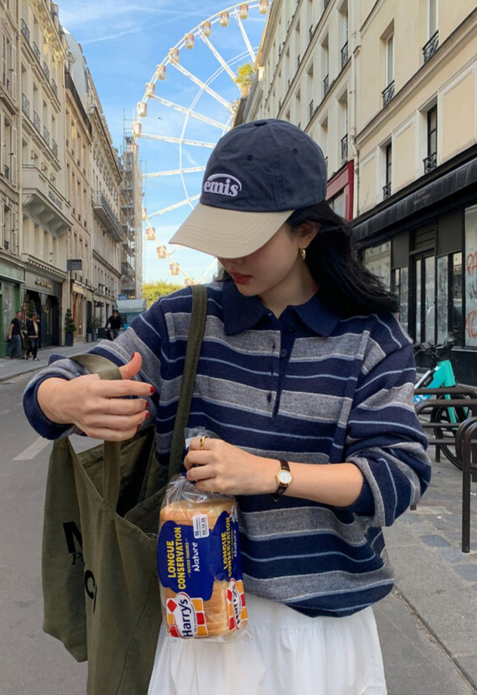 拼色針織Polo橫間上衣(深藍色)