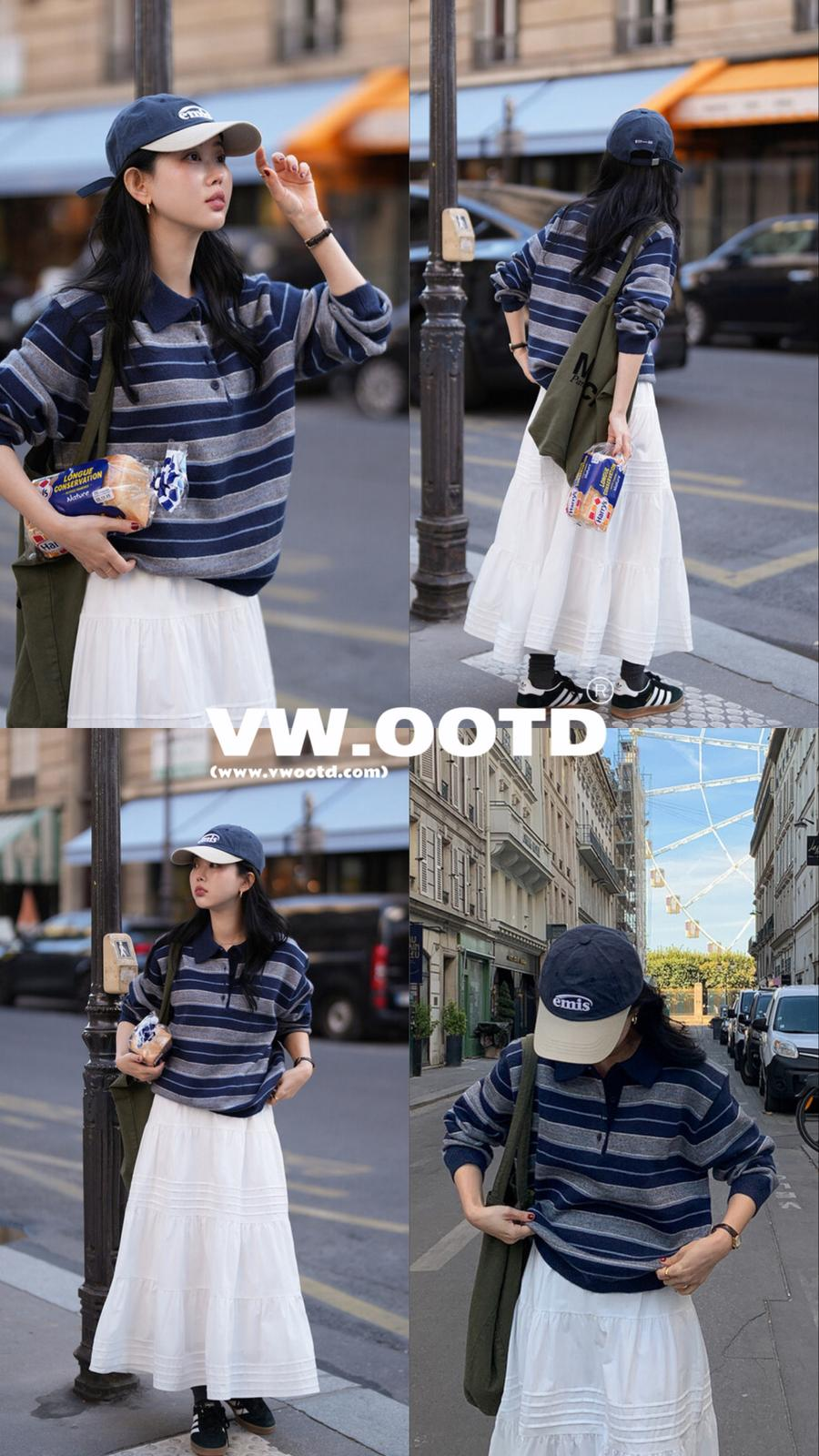 拼色針織Polo橫間上衣(深藍色)