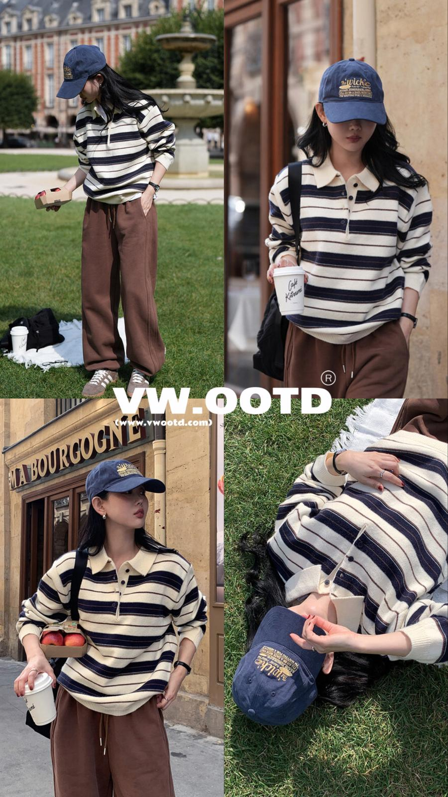 拼色針織Polo橫間上衣(米色)