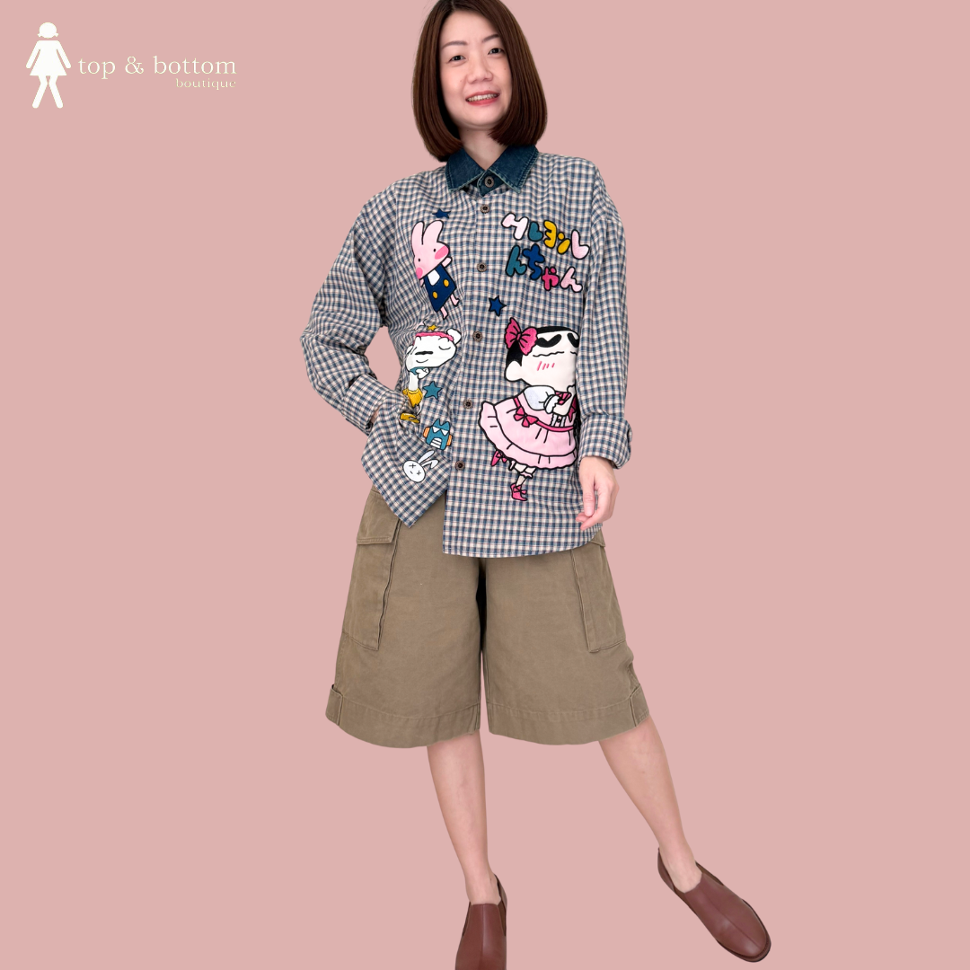 DENIM COLLAR CHECKED LONG SHIRT WITH EMBROIDERED