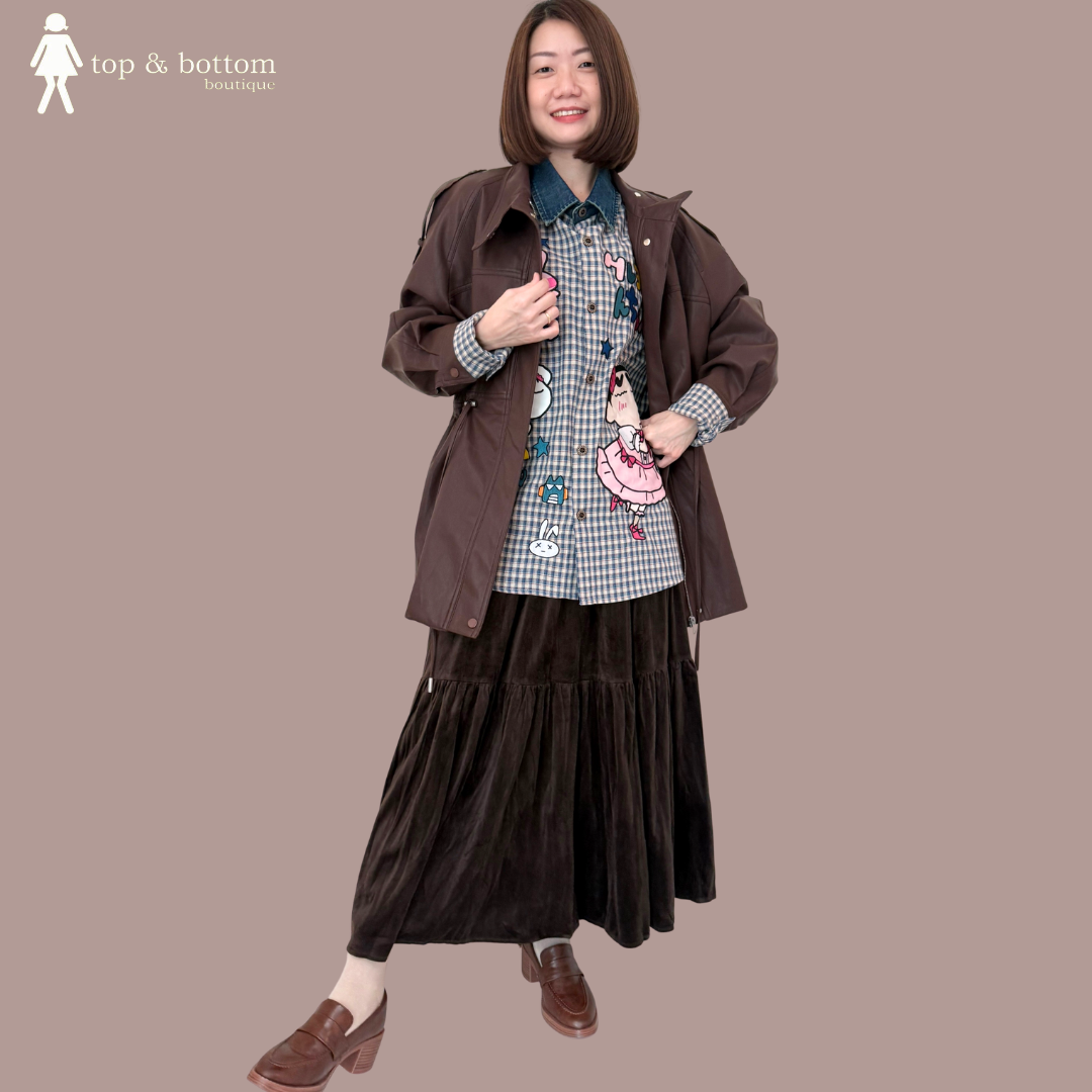 DENIM COLLAR CHECKED LONG SHIRT WITH EMBROIDERED