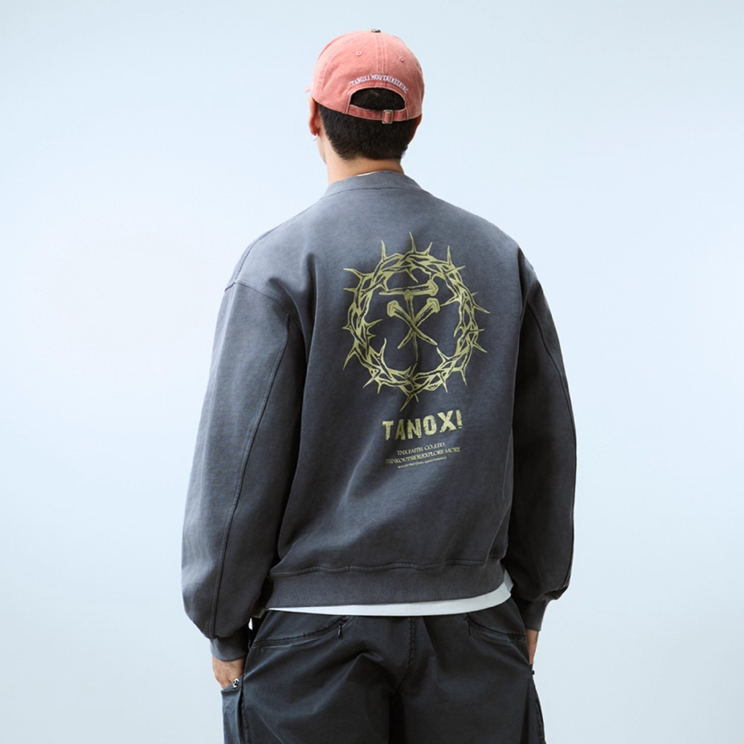 TANOXI Washed Sweater 荊棘印花 水洗做舊大學Tee [TNX-T399]