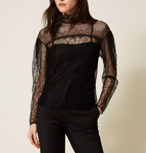 1TS1008-005 TWINSET Lace Blouse with Ruffles Black #252TT2264 (C-BO-E)