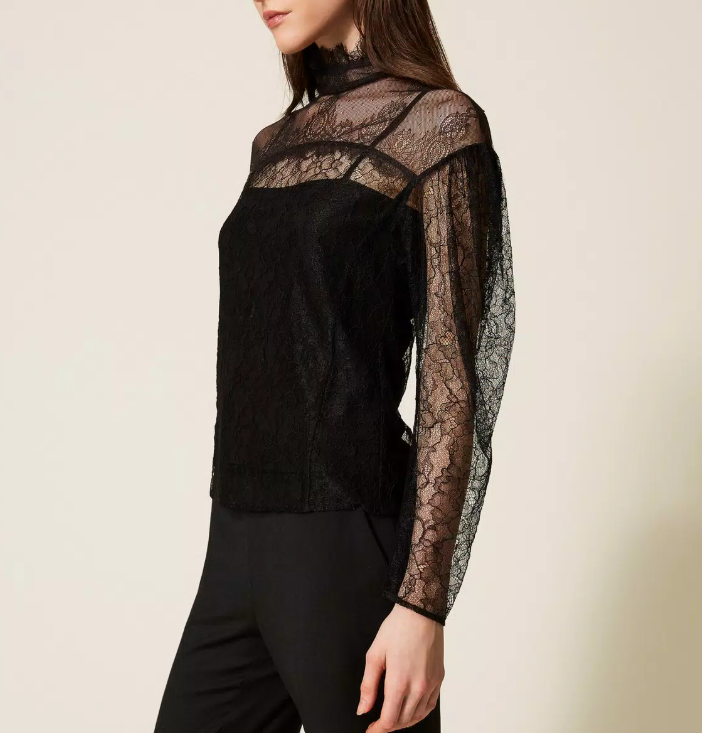 1TS1008-005 TWINSET Lace Blouse with Ruffles Black #252TT2264 (C-BO-E)
