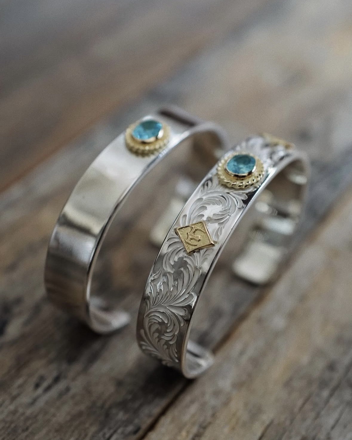 TW 12mm 金繩藍綠磷灰石平打/唐草雙點金