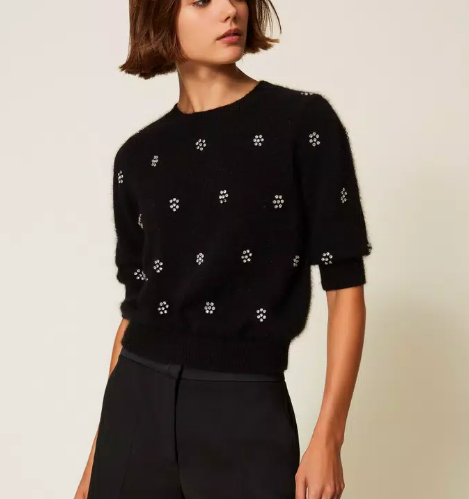 1TS1008-008 TWINSET Angora Blend Jumper with Embroidery Black #252TT3181 (C-K11-E)