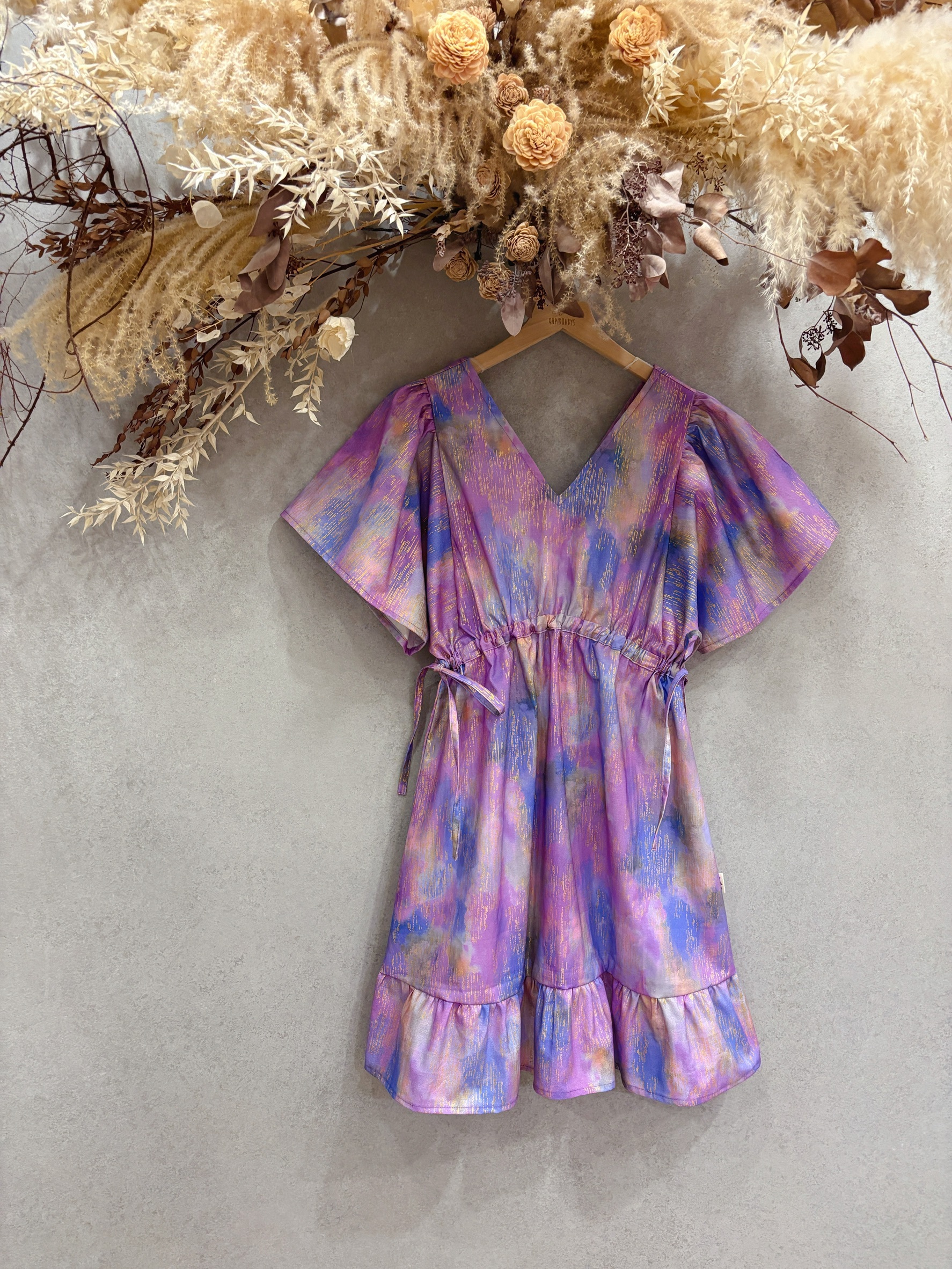 藍紫燙金 媽咪雙V雲朵短袖短洋裝