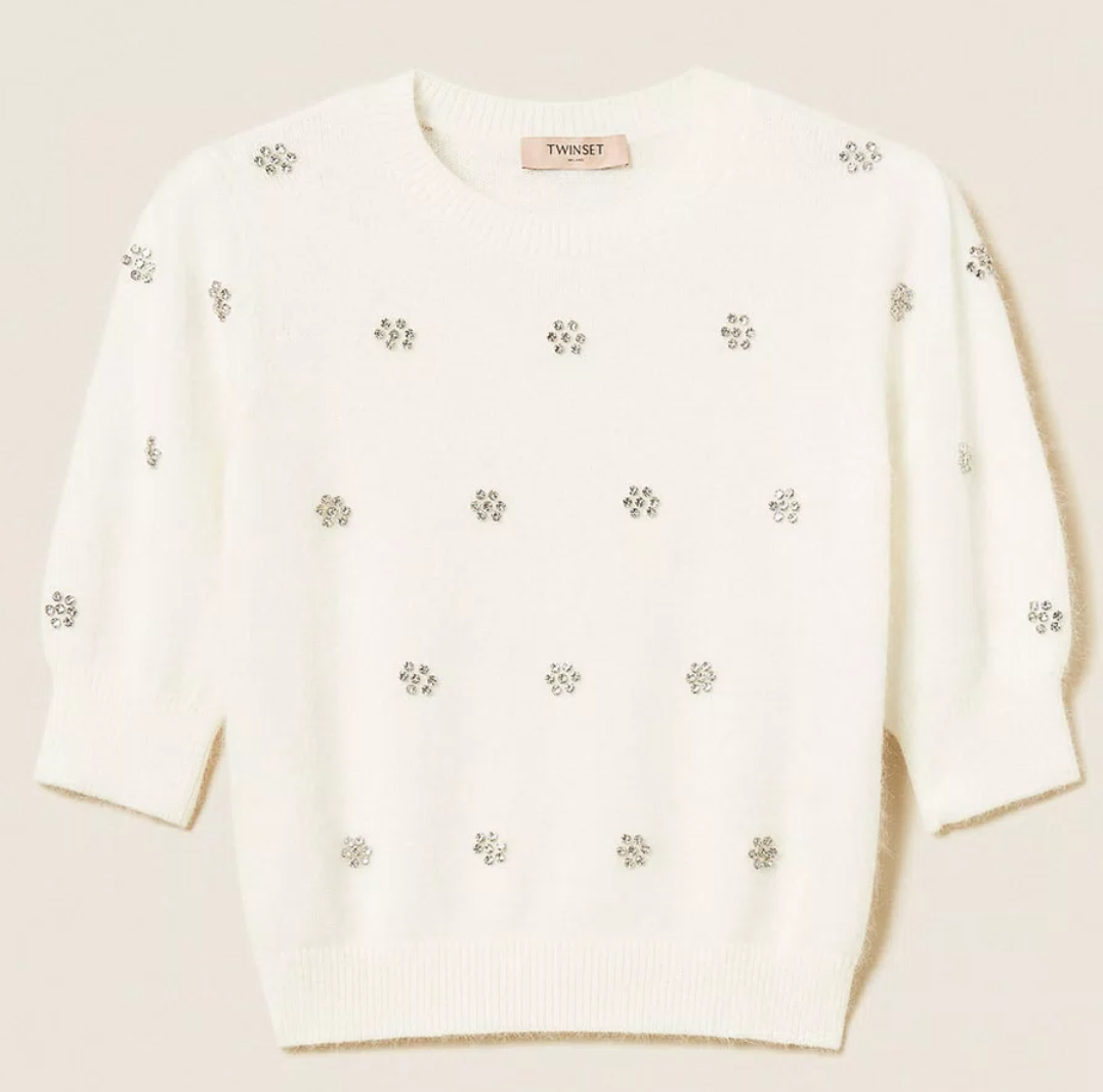 1TS1008-009 TWINSET Angora Blend Jumper with Embroidery White Snow #252TT3181 (C-BO-E)