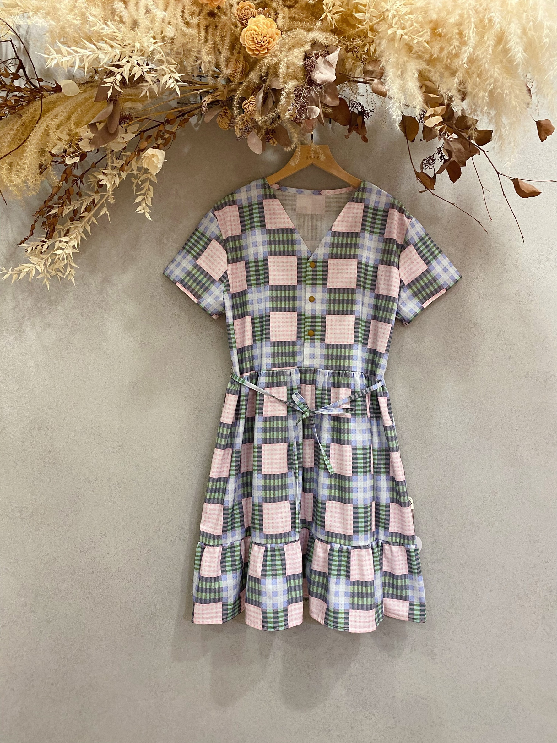 粉綠格 媽咪優雅綁帶短洋裝