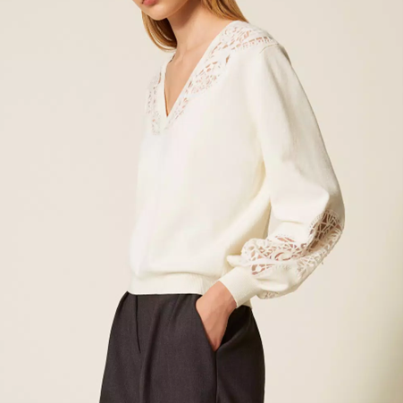 1TS1008-027 TWINSET Jumper With Embroidered Inlays White Snow #252TT3440 (C-BO-E)