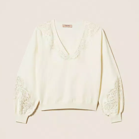 1TS1008-027 TWINSET Jumper With Embroidered Inlays White Snow #252TT3440 (C-BO-E)