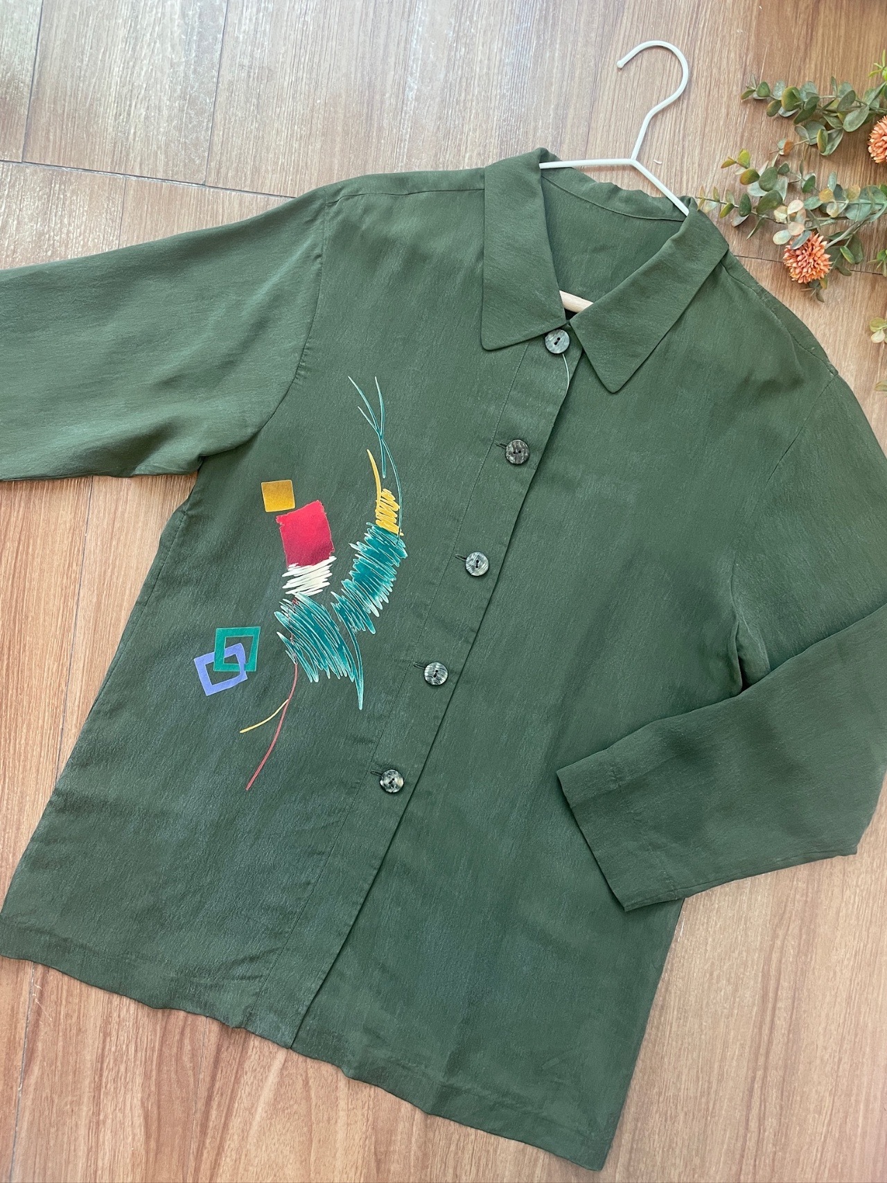 軍綠色幾何筆觸古著上衣