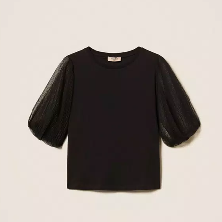 1TS1008-029 TWINSET T-Shirt With Tulle Sleeves Black #252TT2310 (C-BO-E)