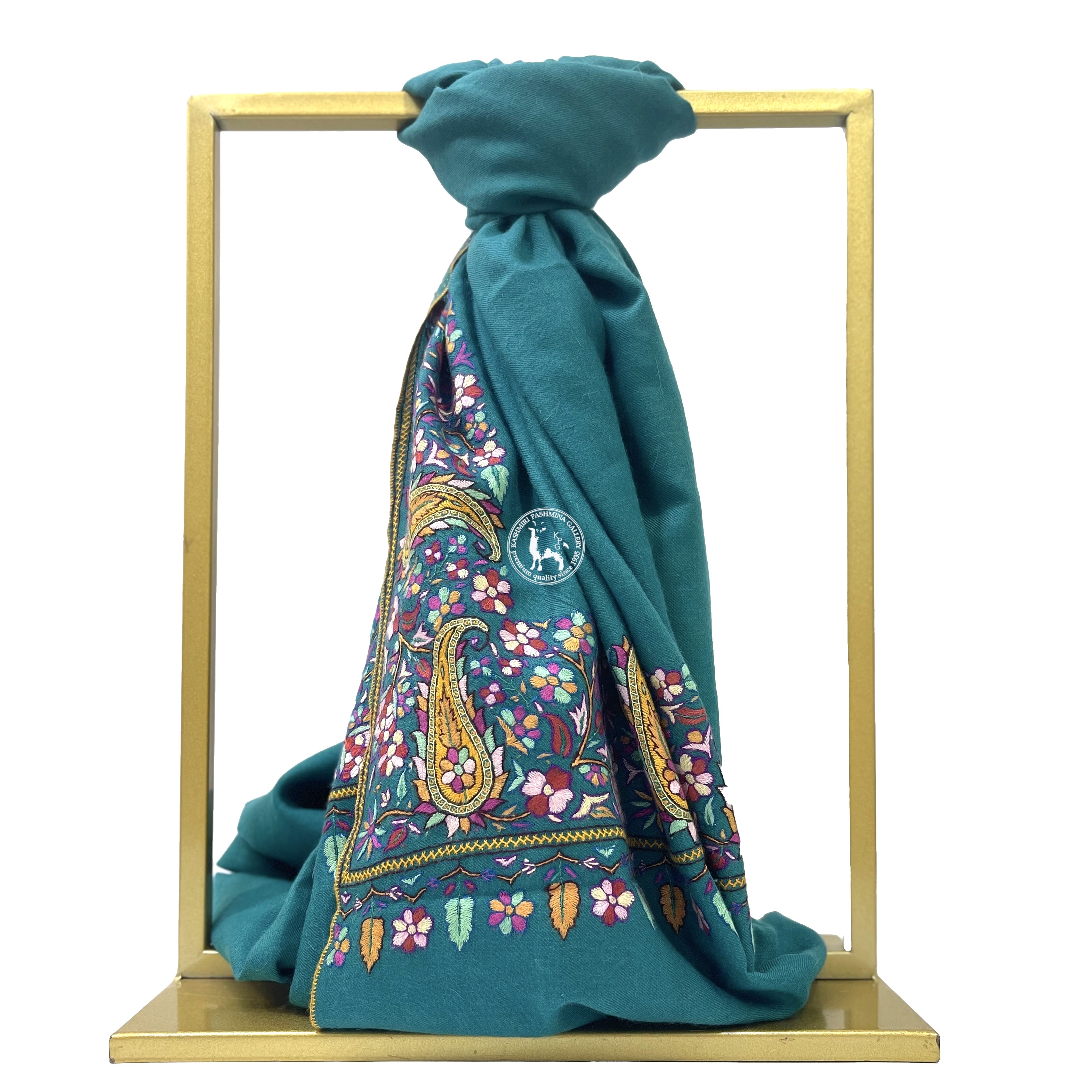 孔雀藍色索茲尼邊緣刺繡羊絨披肩圍巾