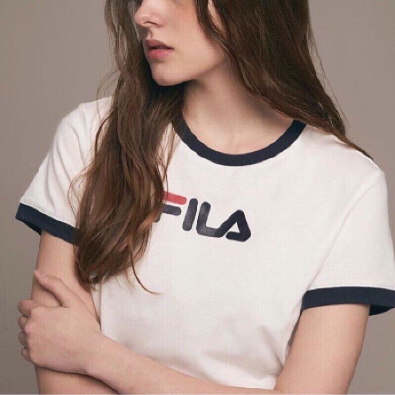 零碼出清 FILA 日韓風 古著 滾邊 圓領 LOGO 短袖 T恤｜男女同款 黑色 L