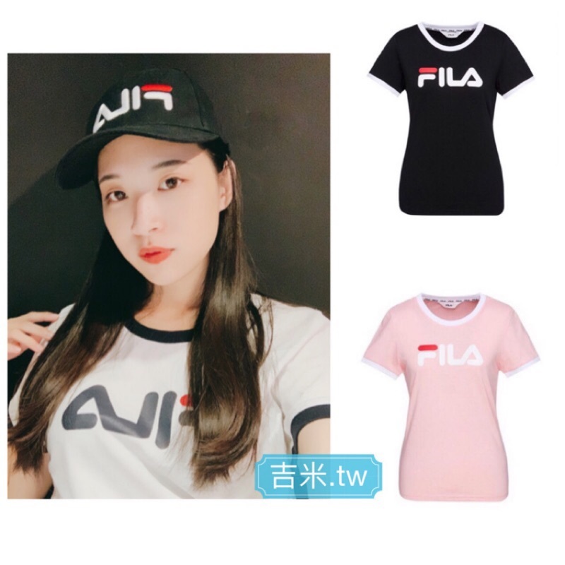 零碼出清 FILA 日韓風 古著 滾邊 圓領 LOGO 短袖 T恤｜男女同款 黑色 L