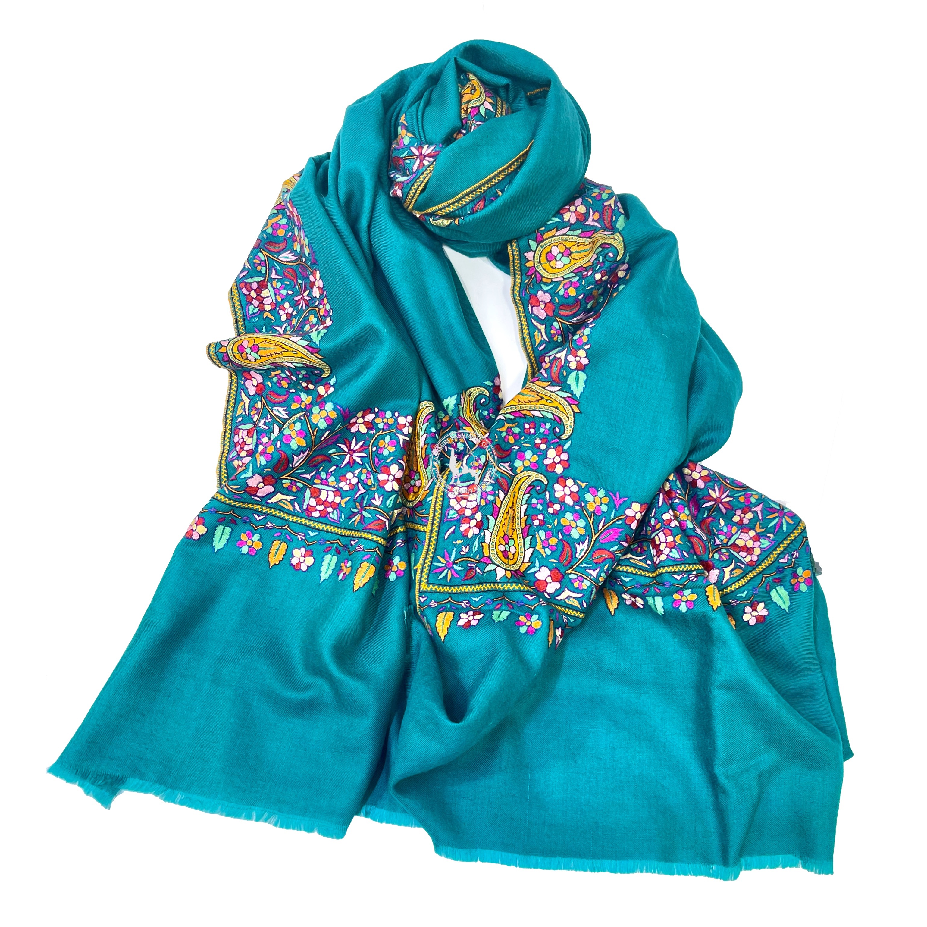 孔雀藍色索茲尼邊緣刺繡羊絨披肩圍巾