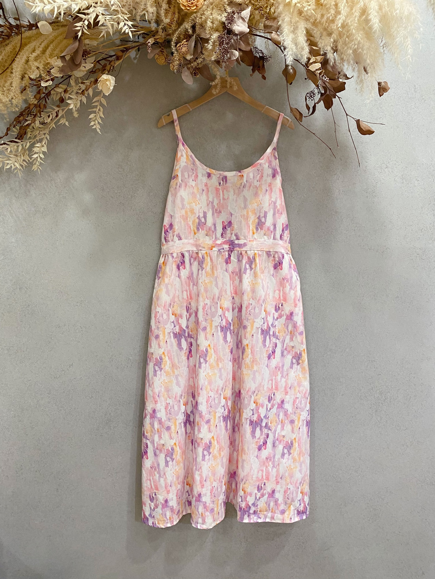 粉橘雲彩 媽咪夢露後綁腰長洋裝