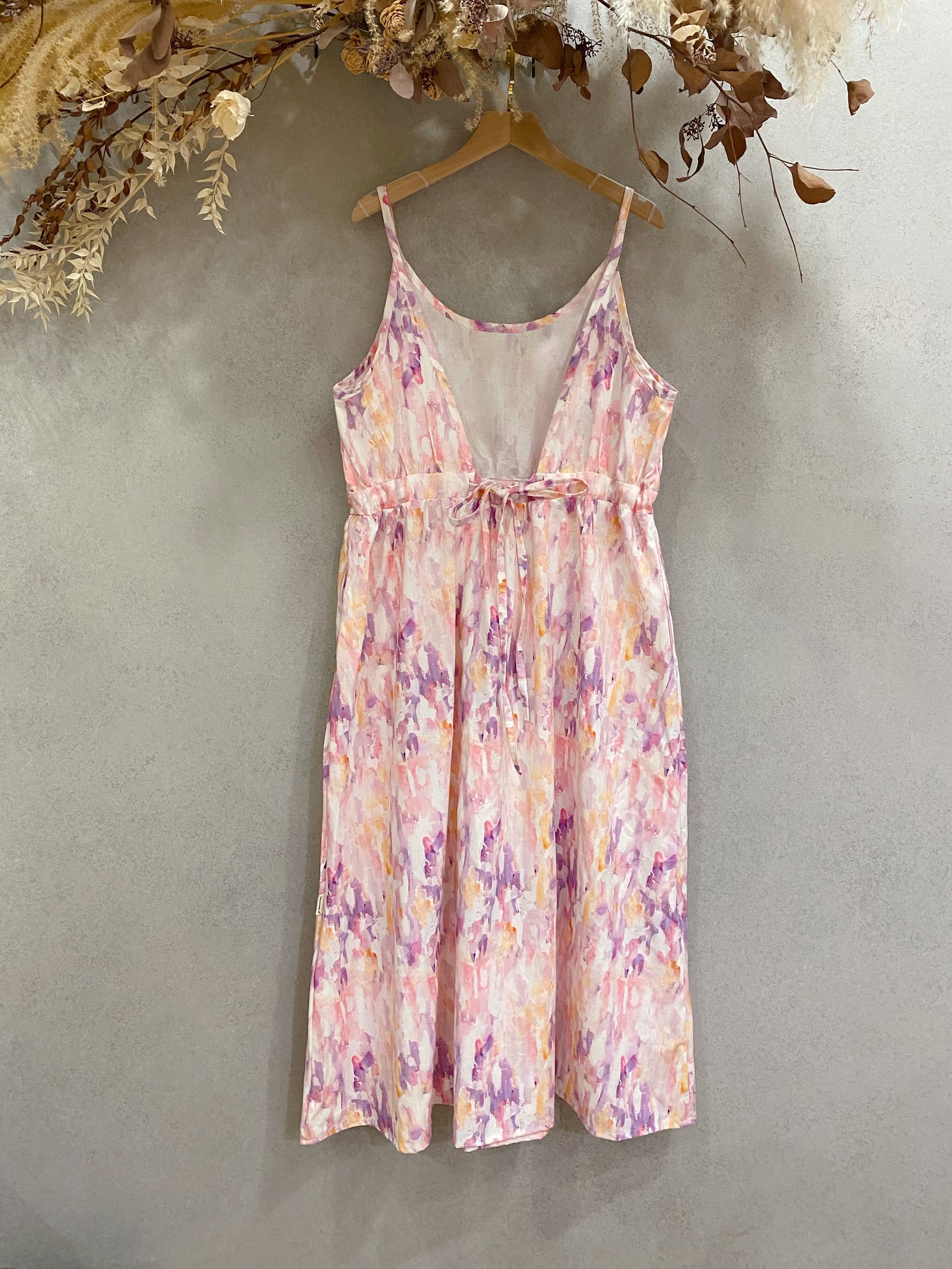 粉橘雲彩 媽咪夢露後綁腰長洋裝