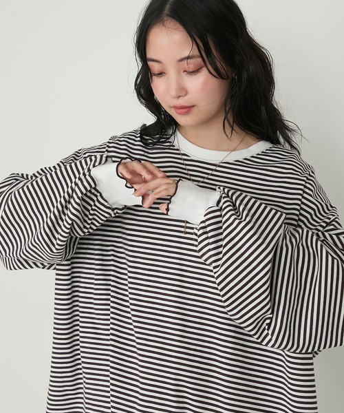 日本🇯🇵連線 Forksy 柔和捲袖條紋寬大長T 條紋 荷葉邊 休閒 寬鬆 長袖 4色(任買兩件711免運)/預購