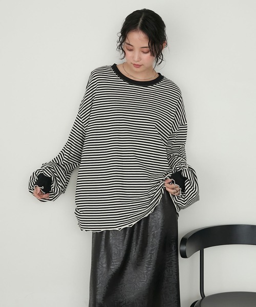 日本🇯🇵連線 Forksy 柔和捲袖條紋寬大長T 條紋 荷葉邊 休閒 寬鬆 長袖 4色(任買兩件711免運)/預購