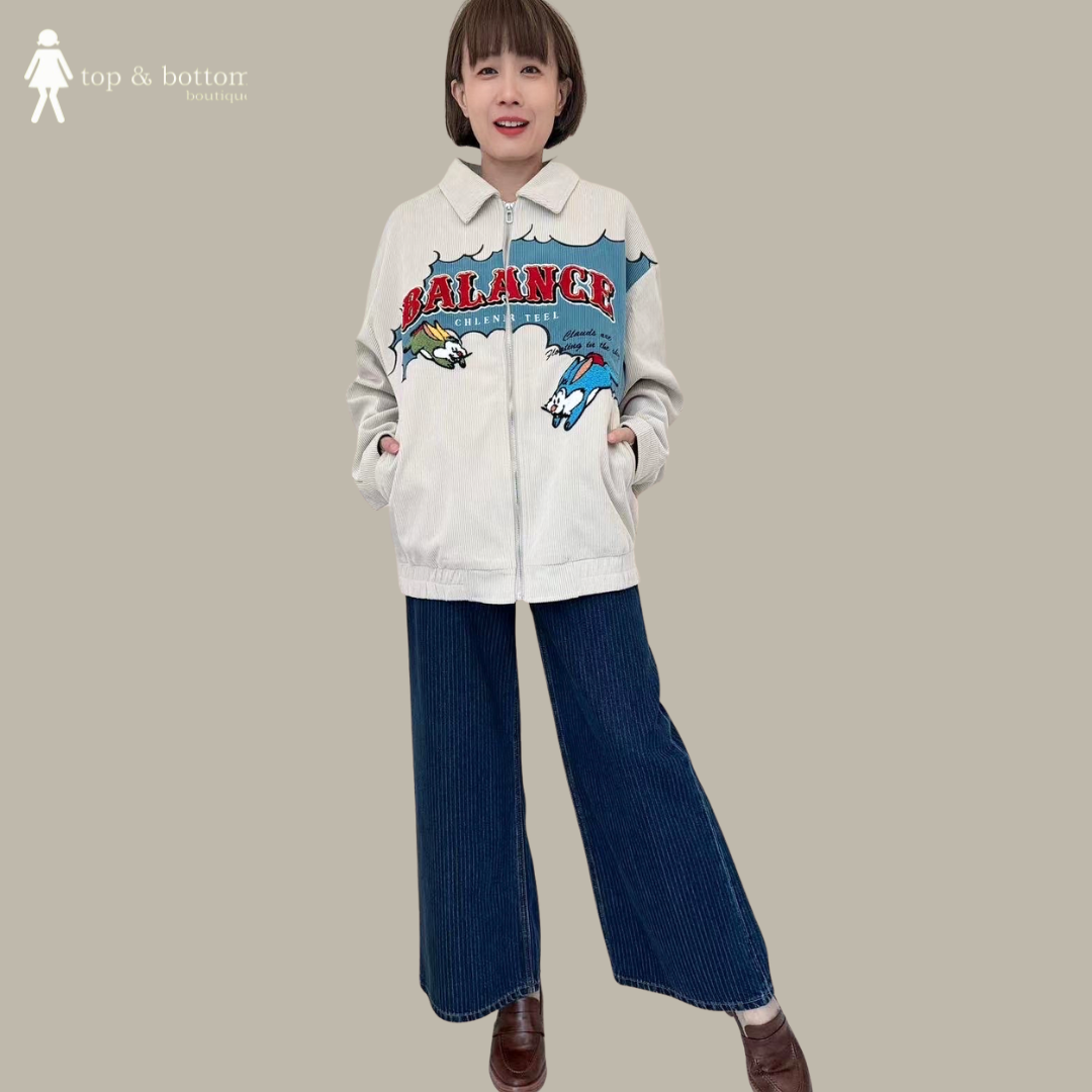 COLLARED CORDUROY OVERSIZE JACKET WITH FURRY EMBROIDERY